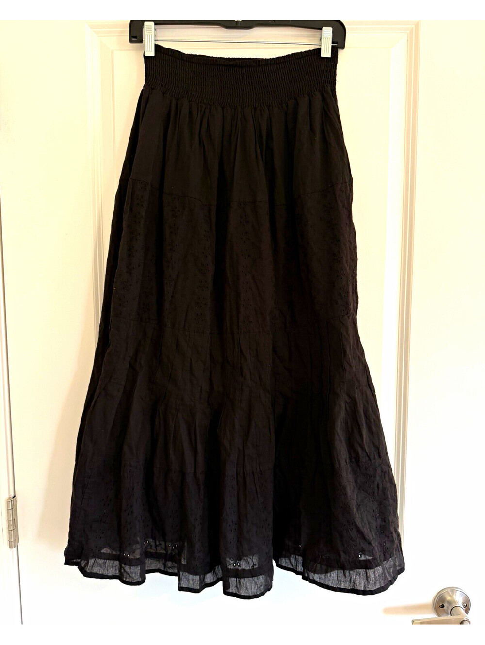 Black Cotton Tiered Peasant Maxi Skirt Size PM Boho Eyelet Cottagecore Romantic